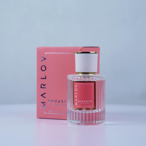 Elegant minimalist display of Marlov Suvasita perfume with its packaging.